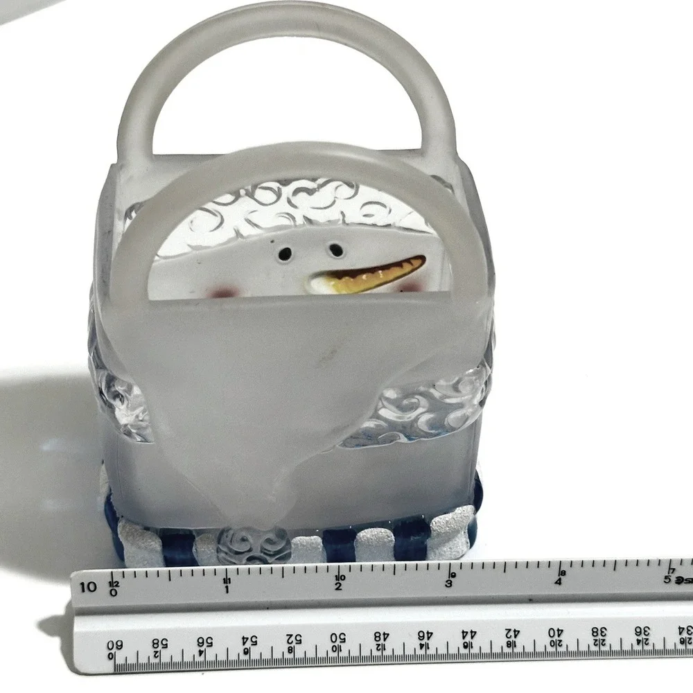 Hand Painted Snowman Glass Basket Decor Clear Blue Excellent Holiday Frosted
